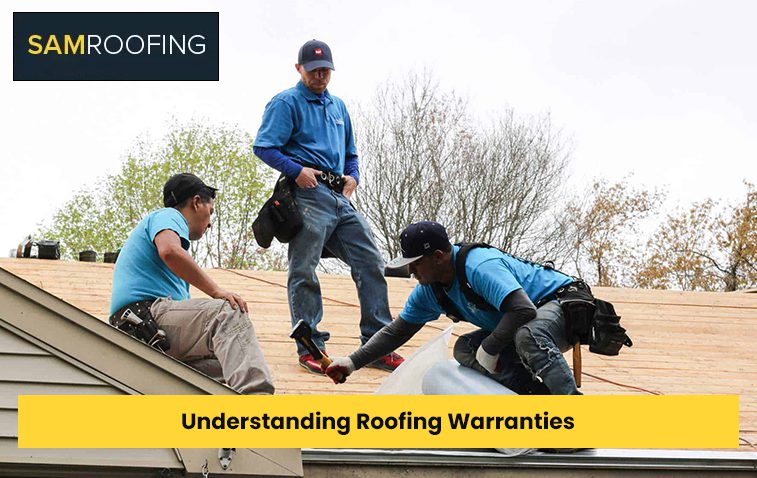 Roofers inspecting roof to assess warranty coverage and maintenance needs